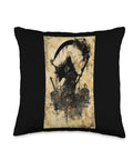 Dope Death Themed Scythe Art Gothic Throw Pillow with black background and hand-cut edges