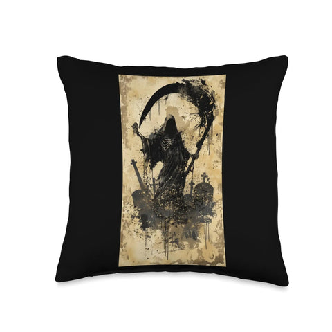 Dope Death Themed Scythe Art Gothic Throw Pillow with black background and hand-cut edges