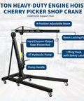 2 Ton Heavy Duty Two Ton Folding Engine Hoist Paired With Three Quarter Ton Support Stand showing hydraulic pump and adjustable boom.