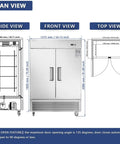 Plan view diagram of Rock Solid Heavy Duty Commercial Refrigerator With Two Solid Doors 42 Cubic Feet Stainless Steel Upright Fridge.