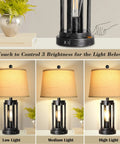 Set Of Two Modern Black Table Lamps With USB Ports And AC Outlet And 3 Way Dimmable Farmhouse Touch Lamps on display with brightness settings