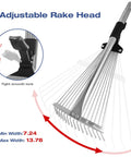 Adjustable Metal Leaf Rake With Telescoping Handle showing adjustable rake head and width range for lawn and garden cleanup.