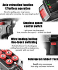 Cordless Electric Wall Wiring Machine With Dual 25000mAh Batteries And Up To 30M Lead Wire showing features such as auto-retraction and speed control.