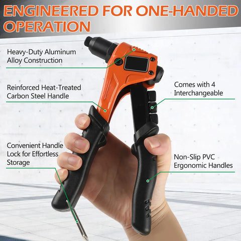Heavy Duty Manual Rivet Gun Kit With Three Sixteen Inch Tri Grip Pop Rivets showing ergonomic handle with four interchangeable heads.
