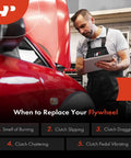 Mechanic inspecting a red car with open hood, showing signs for replacing Premium Dual Mass Flywheel Replacement For Ford Mustang 2011 2012 2013 2014 V6 3.7L Engine Heavy Duty Direct Fit Part Cross Reference Br336477bd Br3z6477b Built Badass For Street Cruising.