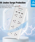 Long Reach 12 Foot Surge Protector Power Strip With Eight Outlets, 1050J Protection, displayed upright against spark effect