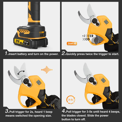 Electric Pruning Shears For Gardening With Battery Power, 2.4 Inch Opening, LCD Display, setup instructions shown