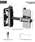 Heavy-Duty Self-Closing Gate Hinges, 90-Degree Adjustable Narrow Gate Hardware For Metal, PVC, Vinyl, And Wood Fences, Corrosion-Resistant Steel With Adjustable Tension, 2-Pack, dimensions and parts shown