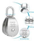 M30 Pulley Block Two Pack With One Single And One Double Pulley 304 Stainless Steel Heavy Duty Beefy Lift System For Wire Rope 551 Lbs Load Capacity Indoor Outdoor Use Swivel Hook Compatible, 304 stainless double pulley with 360° swivel ring