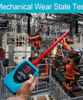 Front view of blue allsun ultrasonic leak detector with red probe held in hand amid robotic arms.