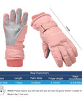 Winter Women Ski Gloves Waterproof And Windproof With Touchscreen Compatibility Pink For Snowboarding Hiking And Cycling Warm Dry Comfortable Snow Gear For Cold Weather size chart displayed