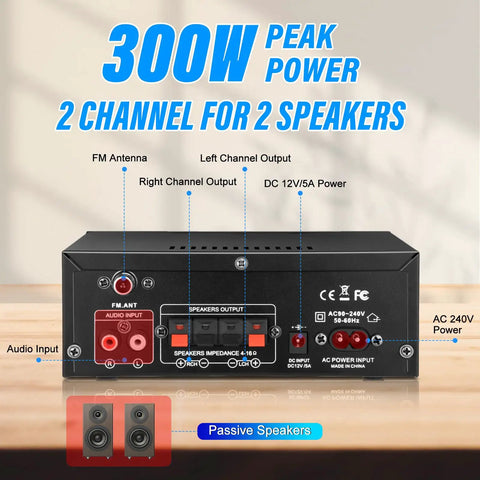 Rear view of AK45 300W Dual Channel Bluetooth Stereo Power Amplifier for Home Theater and Karaoke showing connection ports.