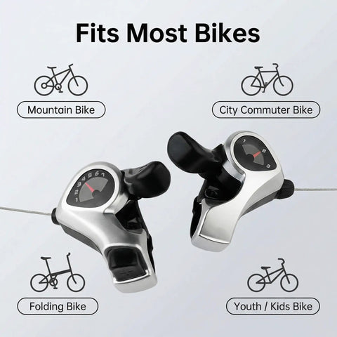 3x7 Speed Thumb Shifter With Gear Indicator showing compatibility with mountain, city, folding, and kids bikes.