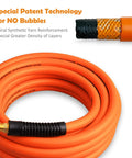 Close-up of 25 ft hybrid hose from 22 Piece Garage Ready Air Compressor Accessories Kit showing layered design and no bubble technology.