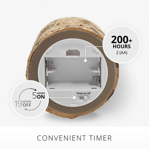 Bottom view of Birch Bark Wrapped Flameless LED Candle with timer and battery compartment visible, promoting convenient use.