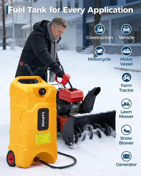 Heavy Duty 16 Gallon Gas Can Made From Industrial HDPE Fuel Container Resists Corrosion And Dents For Emergency Storage R Jobsites And Outdoor Adventures in use for snow blower.