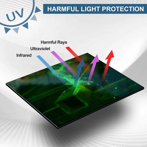 Top Shelf Welding Shade Nine Black Hardened Glass Filters Pack Of Five For Mig Tack And Stick Builds showing harmful light protection diagram.