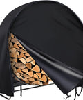 Outdoor Waterproof Log Rack Cover Heavy Duty Windproof UV Resistant Tarp With PVC Backing Keeps Dry Wood Safe Year Round Fits 40 Long X 24 Wide X 41 High Black covering firewood.