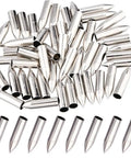 50 Pack Stainless Steel 7mm Arrow Tips Field Points Glue On For Arrows, arranged in a pile with a row of tips in front.