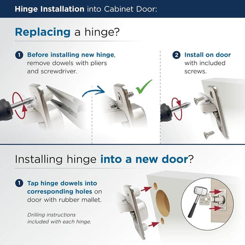 Hinge installation instructions for Heavy Duty Euro Concealed Cabinet Hinges Pair With Self Closing Soft Close Mechanism Half Inch Overlay Face Frame Assembly.
