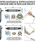 WPW10359269 & WPW10359270 dryer drum roller shaft kit with dimensions, high temp polymer parts, and replacement details.