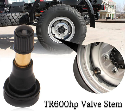 Close-up view of TR600HP high-pressure brass tire valve stem with rubber snap-in base.