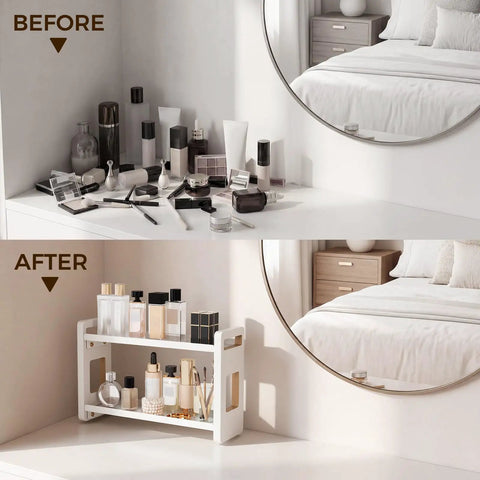 Multi Purpose Bathroom Counter Organizer For Vanities And Kitchen Storage Sleek Perfume Holder Display Rack that helps you ditch the mess and keep your surface clutter free and dope all year round, before and after comparison.
