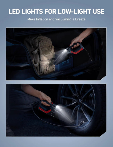 4 In 1 Portable Car Vacuum And Tire Inflator With Led Light And Digital Dual Displays in use at night.