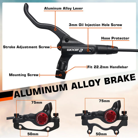 Bucklos MTB hydraulic disc brake set; aluminum alloy levers, front 800mm, rear 1450mm hoses, fits 22.2mm bars