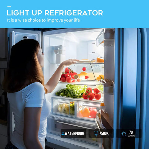 Open refrigerator lit with Super Bright 7500K Refrigerator LED Replacement Light Kit 3 Pack W10515058 And W10515057.
