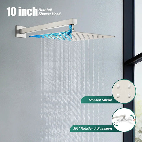 10-inch square rain head of All In One Shower System With 10 Inch Square Rain Head, 2 In 1 Handheld Sprayer, wall mounted, brushed nickel finish