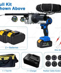 Cordless 21V Brushless Wire Tugger For Electricians Featuring Six Wheel Drive And Auto Cable Take Up Reel with batteries, charger, and tool kit.