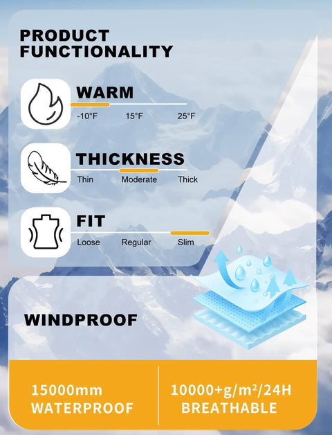 Chart showing product functionality for Womens Ski Bibs Snow Pants Waterproof Windproof Warm Insulated Snowboard Overalls For Winter Comfort High Elasticity And Slim Fit For All Weather Snow Sports, including warmth, thickness, fit, waterproof, and breathability ratings.