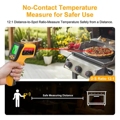 Dual Mode Infrared Temperature Gun With Non Contact IR And K Type Probe measuring pizza temperature on grill