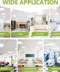 Wide application of No Hassle 4 Pack 2x4 Led Flat Panel Drop Ceiling Lights in library, gym, kitchen, laundry, office, classroom, hospital.