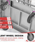 Close-up of the Silent Wheel Design on Heavy Duty Steel Platform Truck With Three Side Handrails And 2500 Lb Capacity.