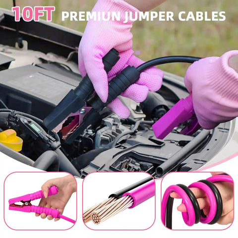 Using jumper cables from Pink Car Emergency Kit With Jumper Cables And Tow Strap, Roadside Safety Tools, Tool Kit, First Aid Essentials