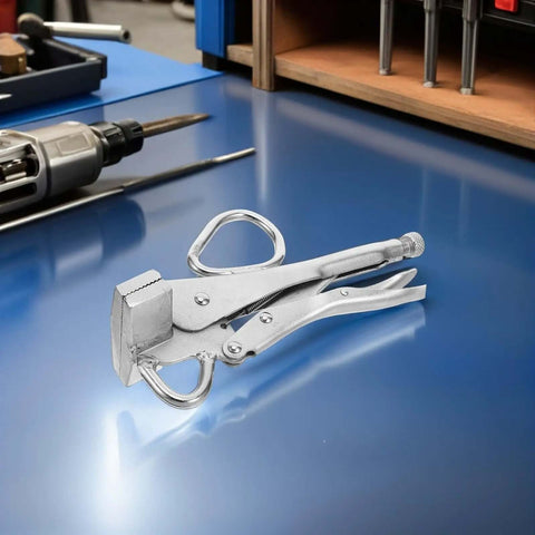 Adjustable Pro Grade Pulling Plier Clamp for Auto Body Repair with wide duckbill jaws on a blue surface in a workshop