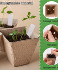 5 Pack Seed Starter Trays With 90 Square Peat Pots Made From Plant Based Pulp Seed Germination Kit With 40 Plant Labels displaying seedlings and labels