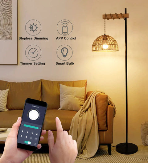 Cozy Tall Floor Lamp With Rattan Lampshade 3 Color Temperatures And Stepless Dimmer Smart Floor Lamp With Remote And App Control