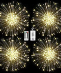 Lit 4 Pack Firework LED Copper Wire Star String Lights With Remote, 8 Modes, Battery Operated Fairy Lights, starburst design shown.