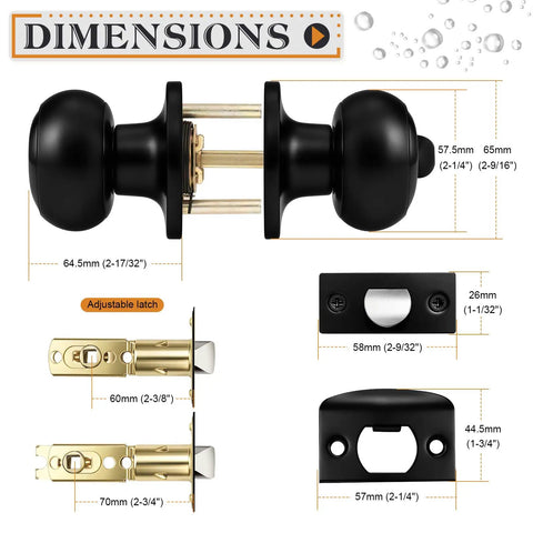 Dimensions of Slick Matte Black Privacy Door Knobs For Bathroom And Bedroom, including adjustable latch measurements.