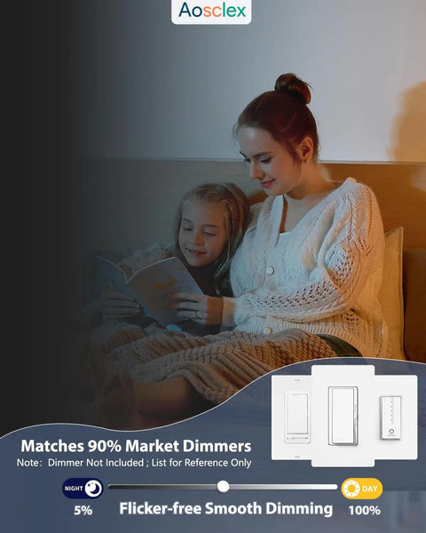 A mother reading with her daughter under soft lighting, showcasing Aosclex dimmers for flexible lighting control.