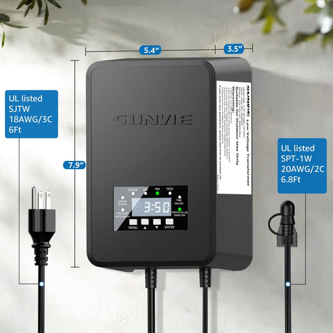 Front view of 200W Outdoor Landscape Lighting Transformer with Timer and Photocell, weatherproof, showing dimensions and UL listed cables.