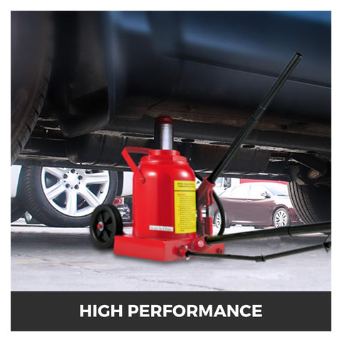 Heavy Duty 50 Ton Air Hydraulic Bottle Jack Delivers A Rock Solid 17 Inch Lift Range And Easy 220 Psi Operation Making It An Irreplaceable Shop Staple For Fast Car Repairs And Heavy Duty Vehicle Hoisting Without Any Sweat under a vehicle for effective lifting.