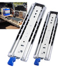 Heavy Duty Full Extension Drawer Slides Side Mount Ball Bearing Cabinet Runners With Silent Spring Action And Easy Snap Nylon Clips For No Sweat Setup And Rock Solid 44 Inch Capacity shown with blue release handle and shiny steel finish.