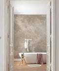 Dope Marble Wall Mural In 7 Panels, Neutral Taupe And Pewter Tones, Textured Nonwoven Wallpaper in elegant bathroom setting