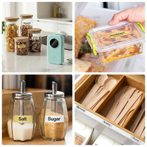 Portable Bluetooth Label Maker D30 with three tapes labeling jars, containers, and utensils, handy thermal printer for home use.