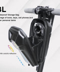 3L waterproof scooter bag attached to scooter handle, showing interior compartments and storage for 8mm Chain Lock For Scooters And EBikes High Security Anti Theft Lock With 3 Keys Waterproof Scooter Bag Included Great For Electric Scooters Motorcycles Bicycles