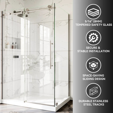 Solid Build Frameless Corner Shower Enclosure Gliding Smooth On Matte Black Rails Features 8MM Tempered Glass with stainless steel tracks.